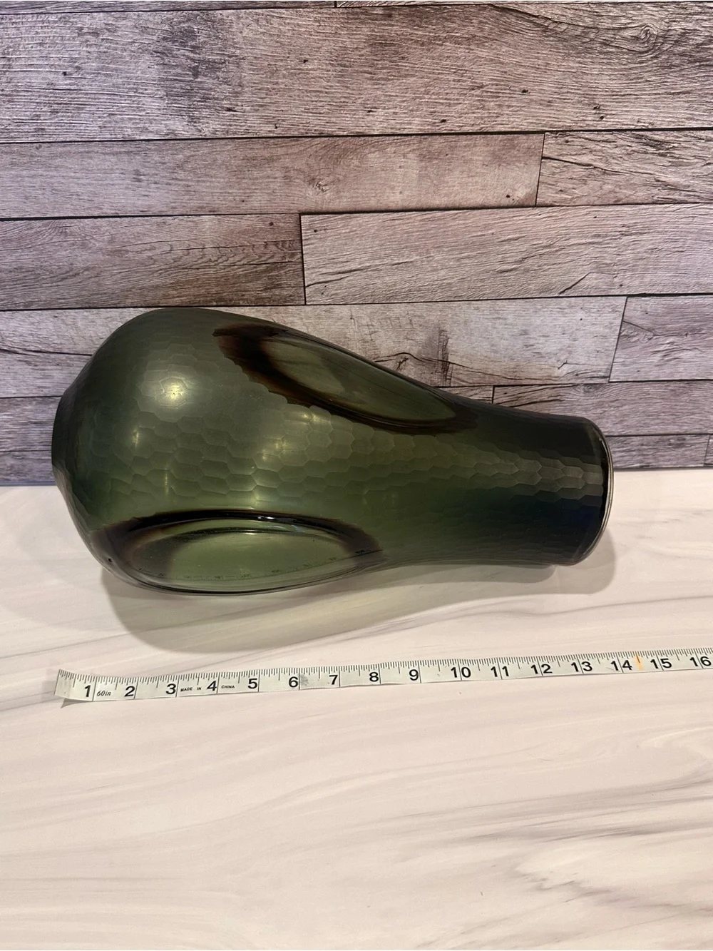Modern Avocado Green Glass Floor Vase Large 13 Inch Dimpled Teardrop Unbranded